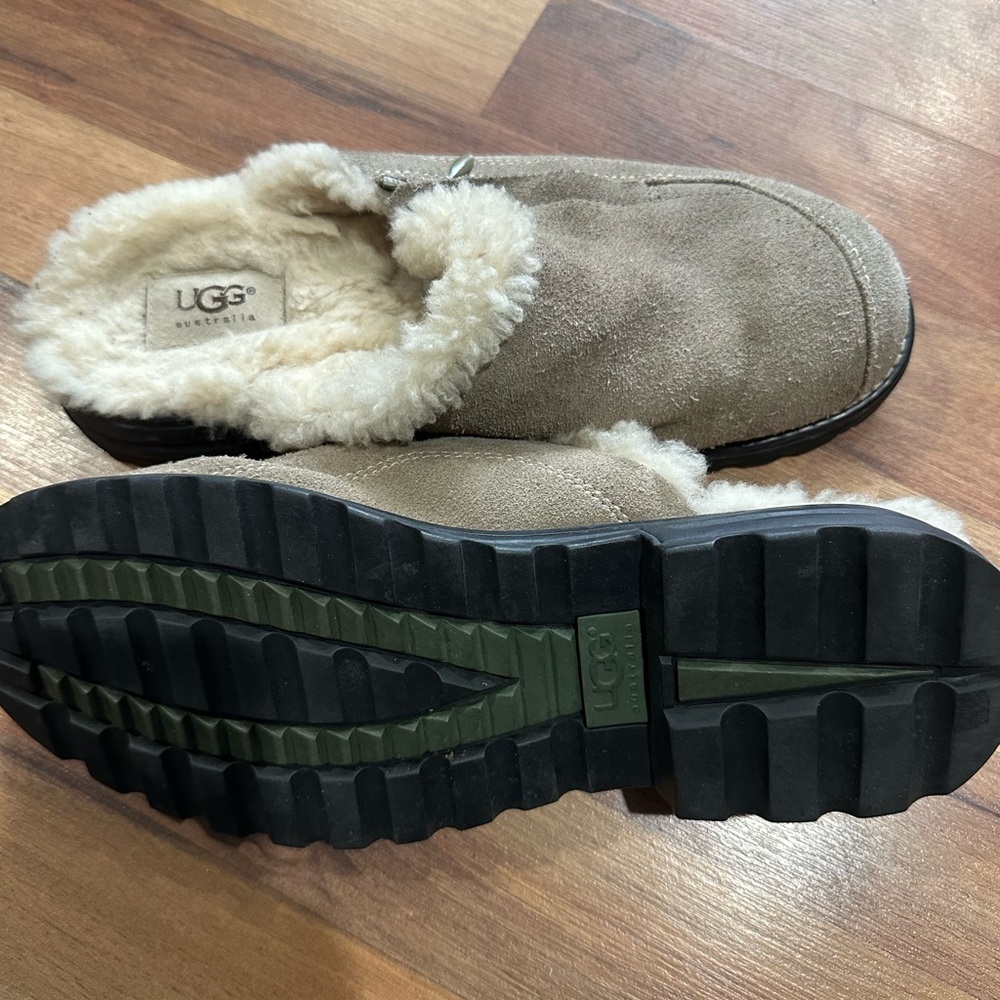 UGG Tan Suede Mules with Cream Fur Lining - Picture 2 of 5